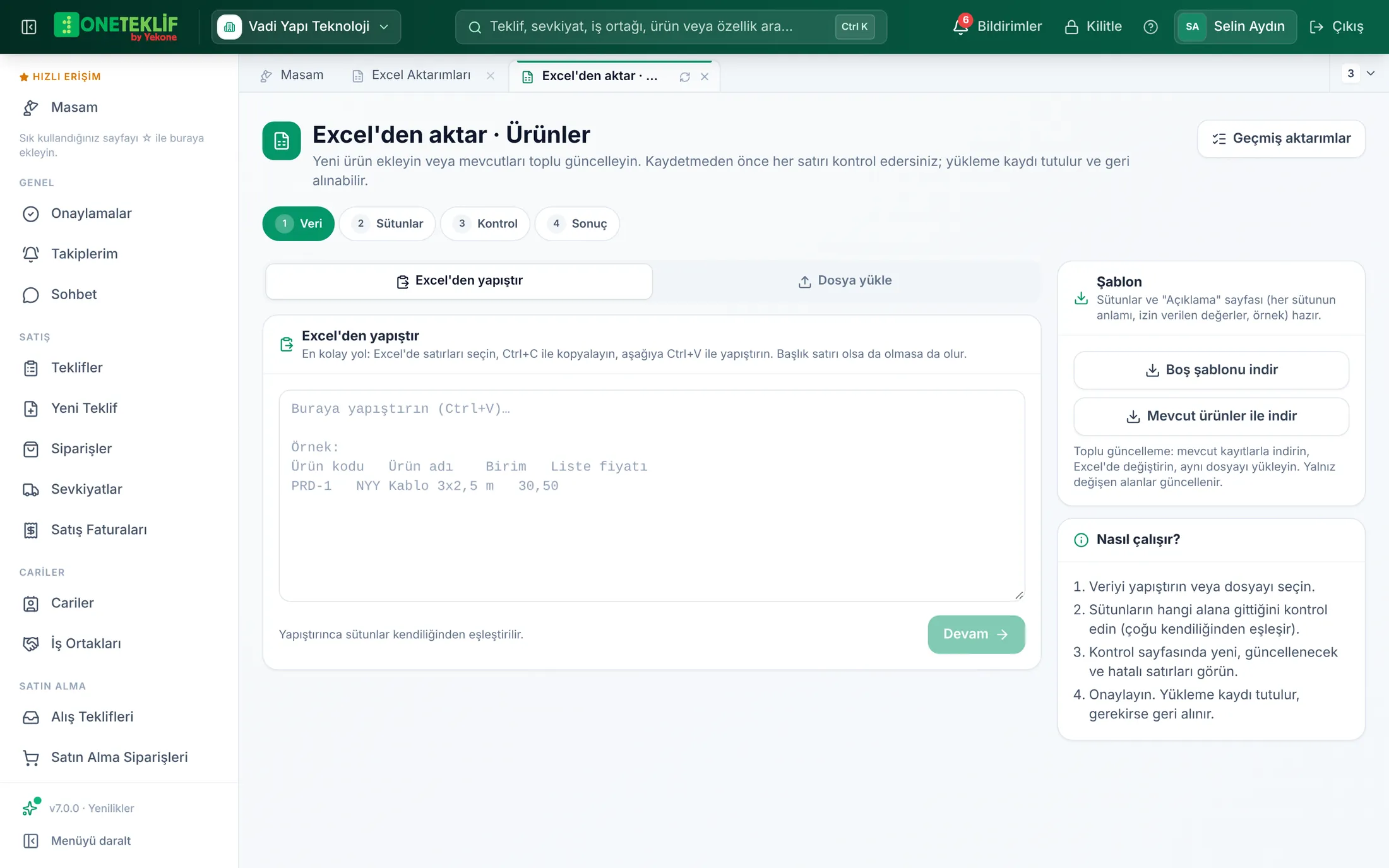 Excel'den aktar · Ürünler: Veri adımı, yapıştırma alanı ve şablon indirme