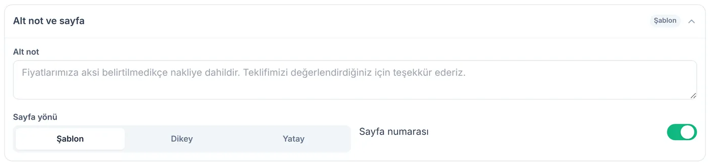 Alt not ve sayfa: sayfa yönü Şablon, Dikey, Yatay ve sayfa numarası