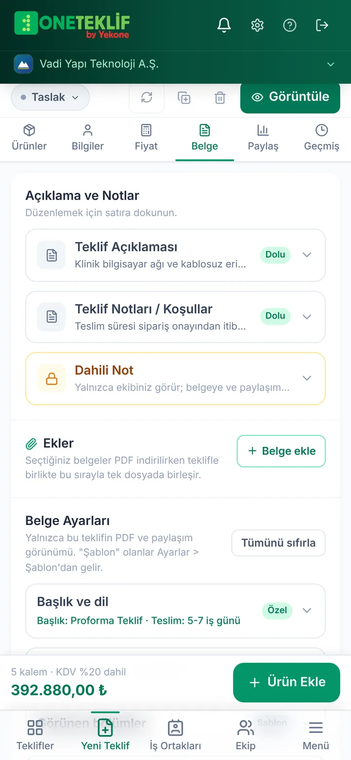 Notlar & Belge sekmesi: açıklama, notlar, dahili not, ekler ve belge ayarları (mobil uygulama)