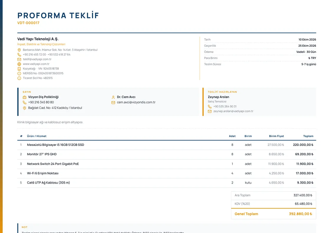 Yatay sayfada Proforma Teklif başlıklı PDF