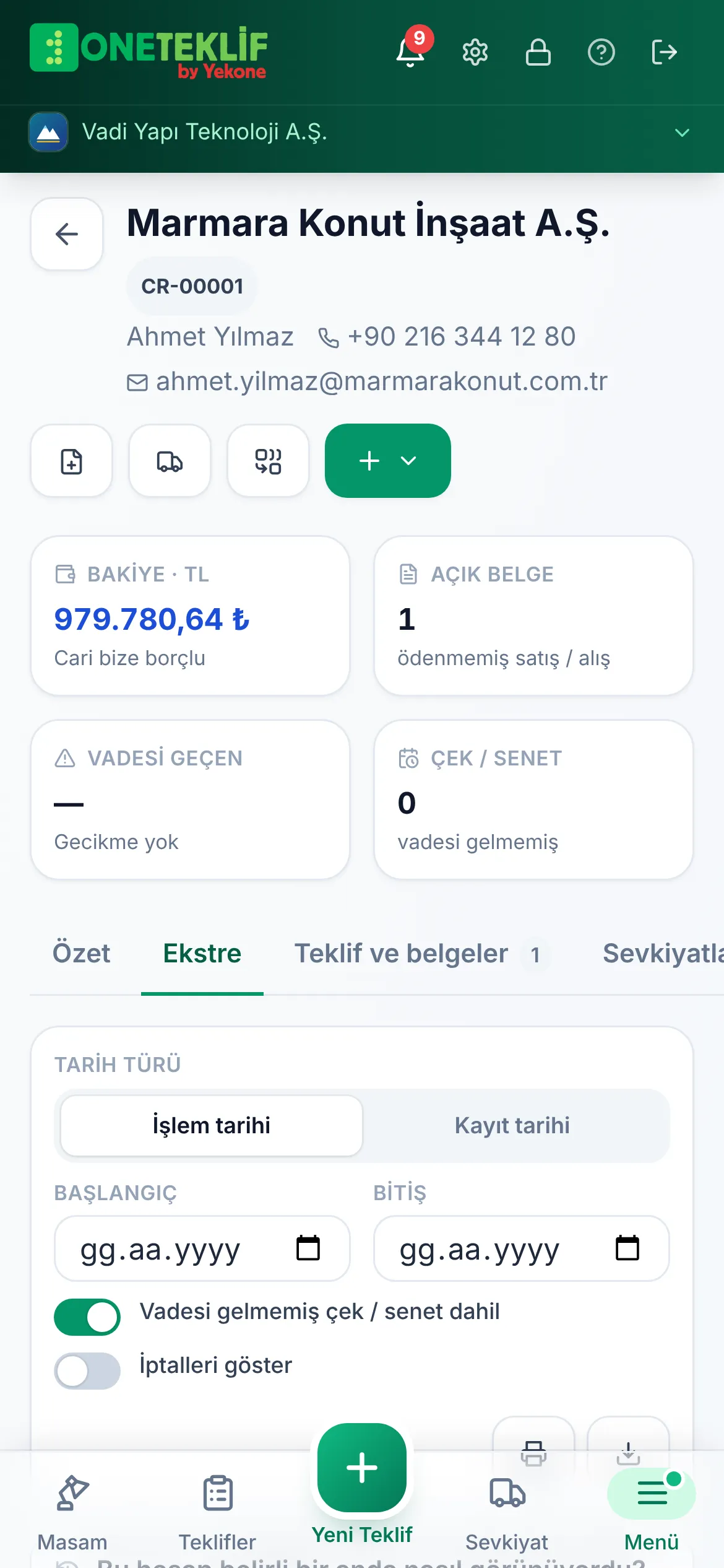 Cari ekstresi: satış belgesi VDT-000001 ve tahsilat TAH-00002 ile bakiye (mobil uygulama)