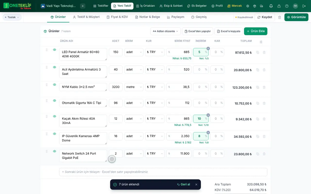 Excel'den kopyalanan ürün listesi teklife yapıştırılıyor, sütunlar otomatik eşleşiyor