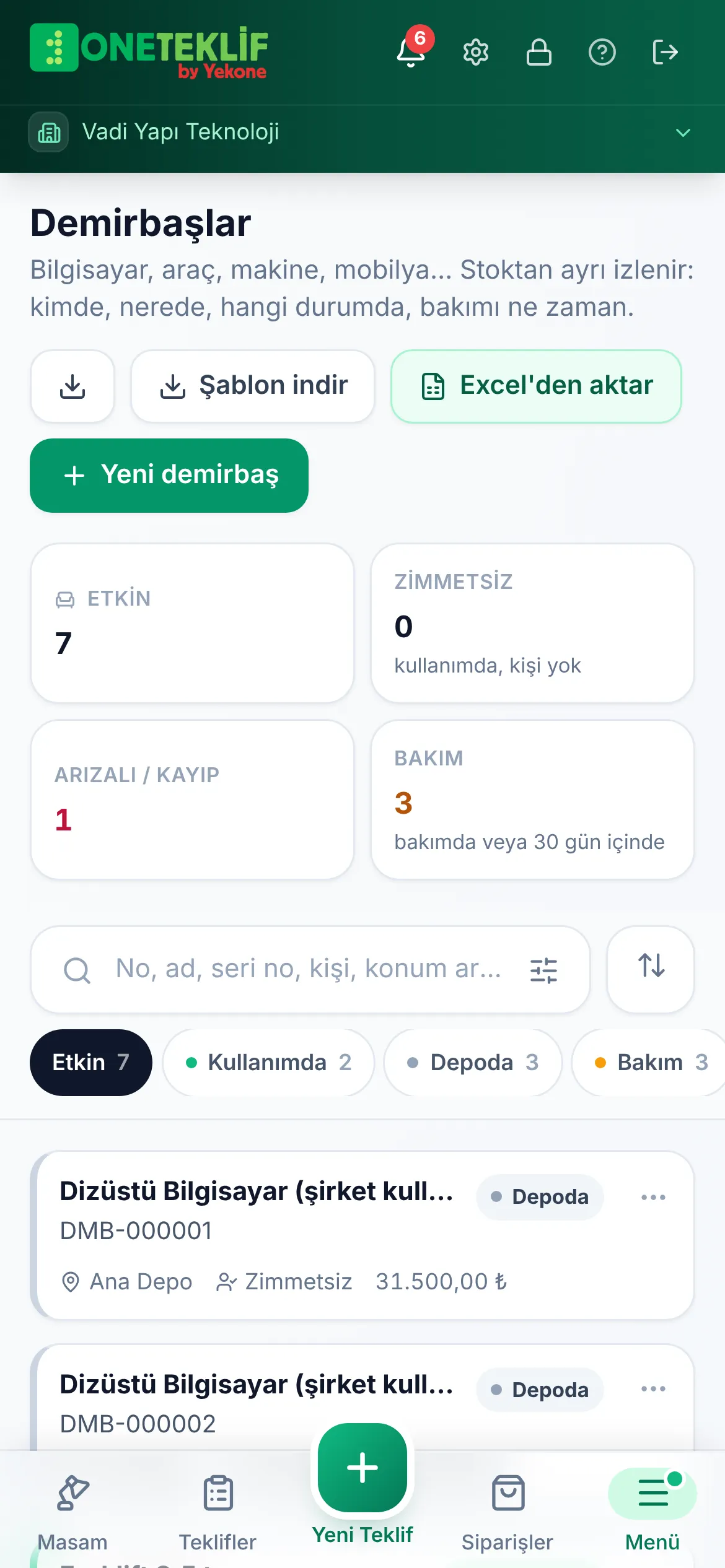 Demirbaşlar: kullanımda, depoda, bakımda kayıtlar ve zimmet bilgisi (mobil uygulama)