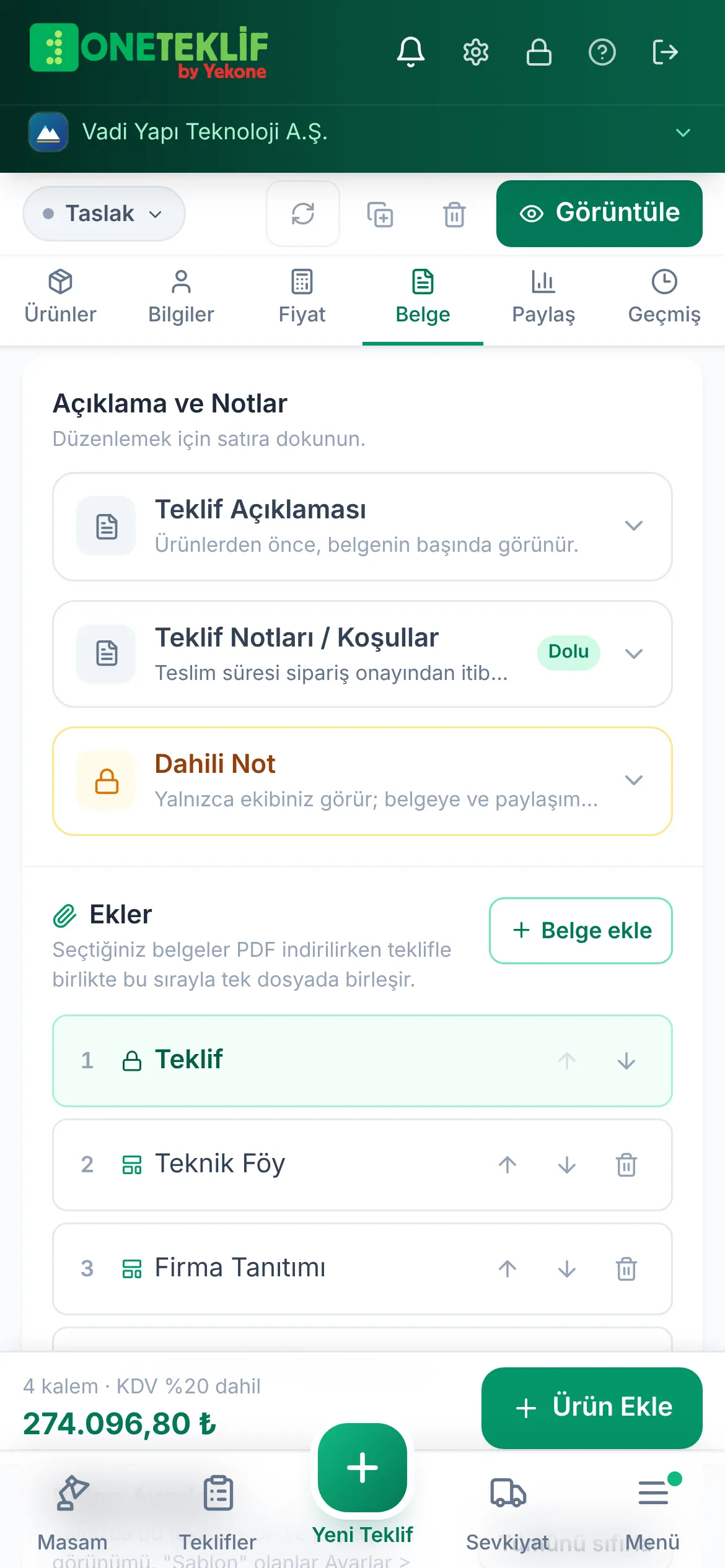 Mobilde teklife ek belge ekleme
