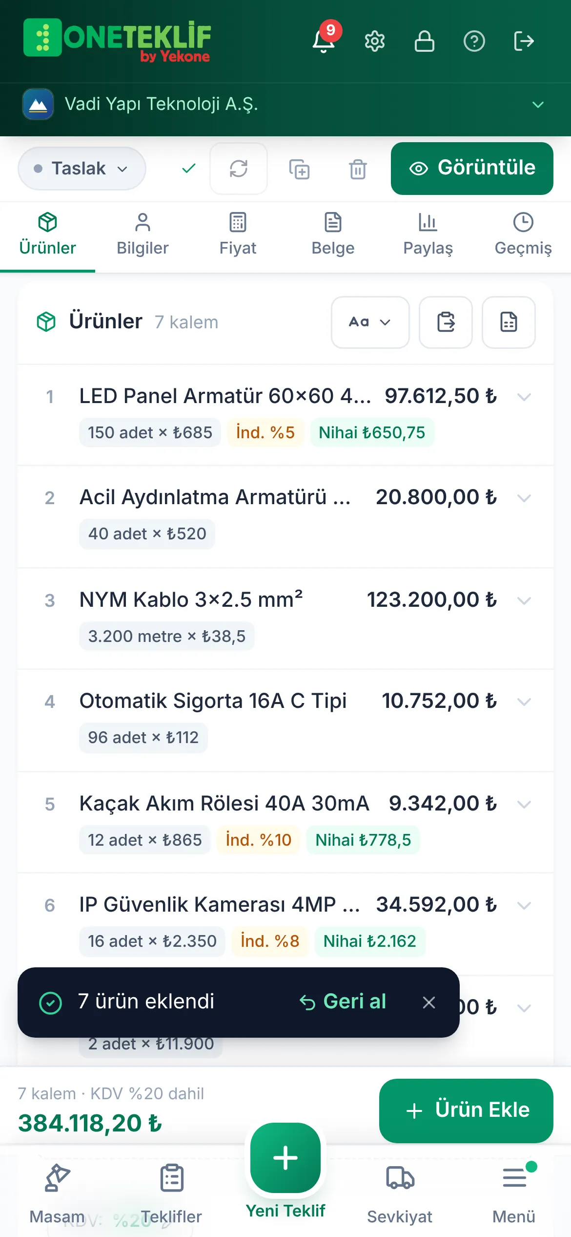 Mobilde Excel'den aktarılan ürünler