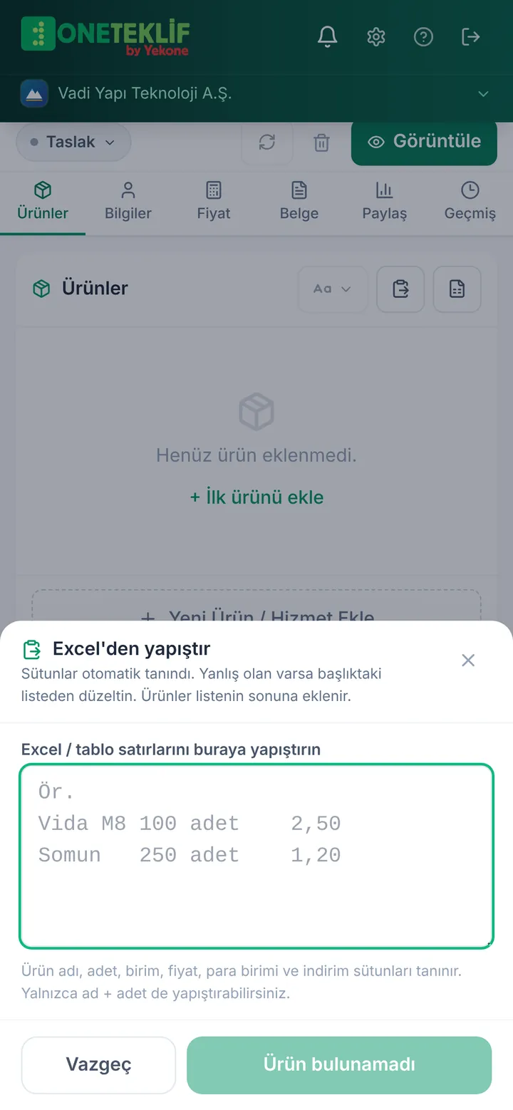 Excel'den yapıştır penceresi açık, yedi satırlık ürün listesi (mobil uygulama)