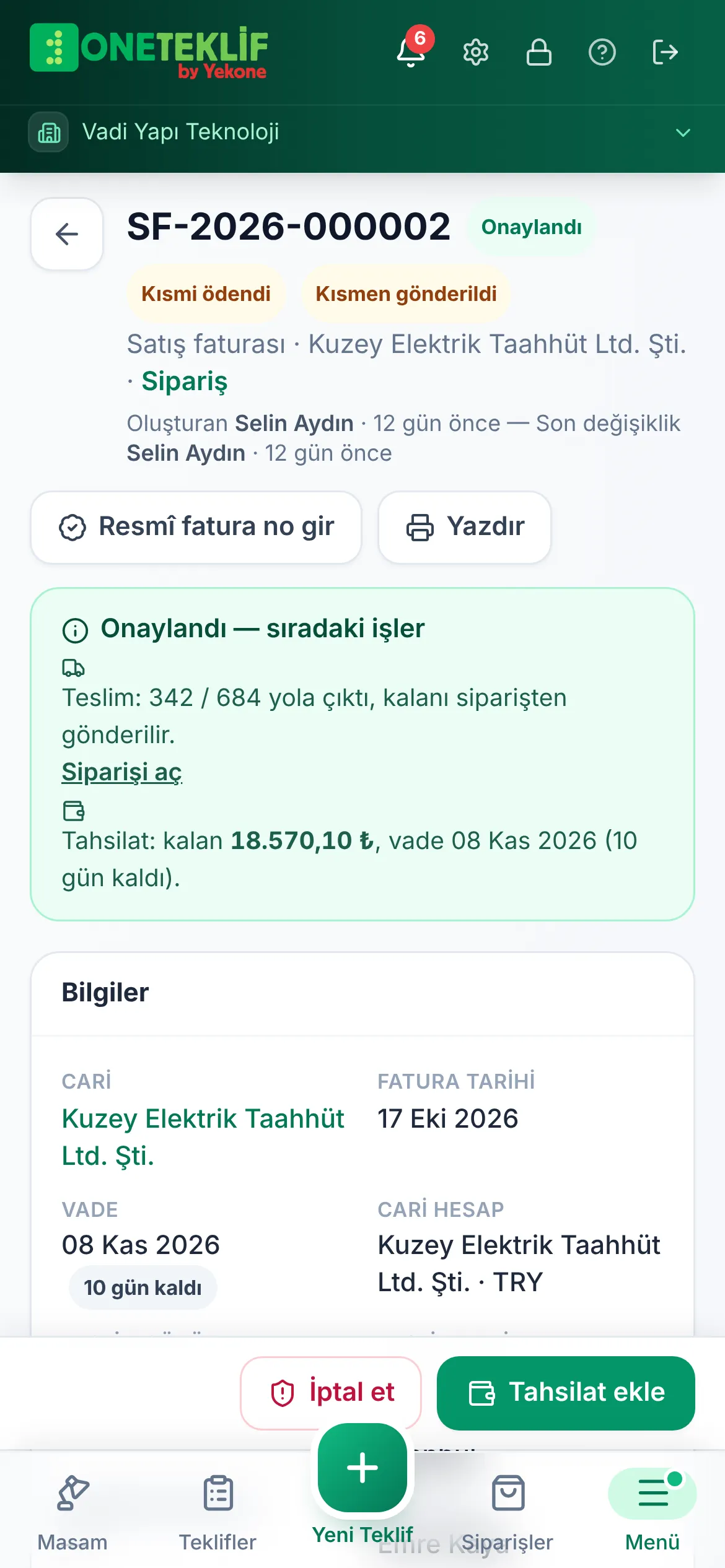 Telefonda satış kaydı ayrıntısı
