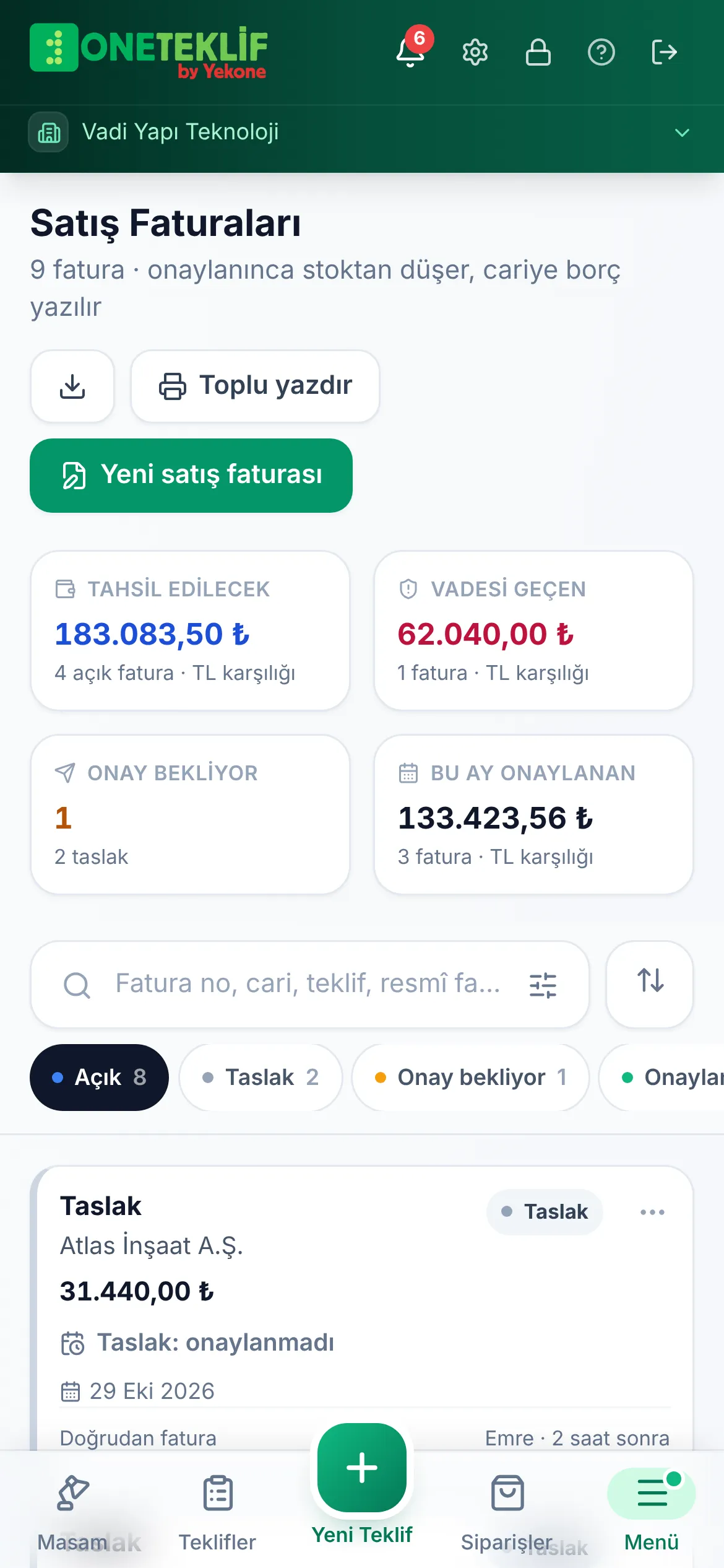 Satış faturaları listesinden onay bekleyen fatura açılıyor, satırlar ve toplamlar inceleniyor, ardından siparişler ekranına geçiliyor (mobil uygulama)