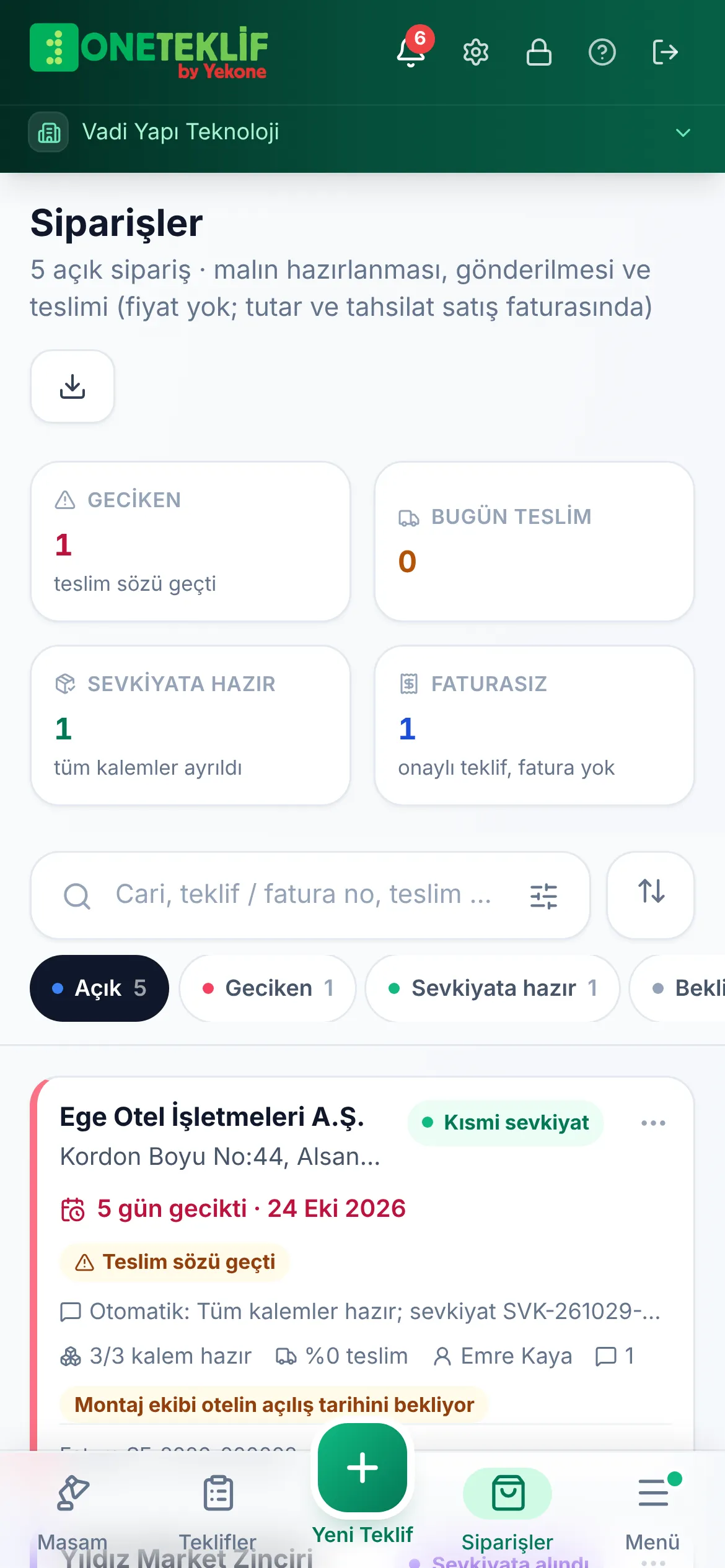 Siparişler: geciken, bugün teslim, sevkiyata hazır ve faturalanacak sayıları ile sipariş kartları (mobil uygulama)