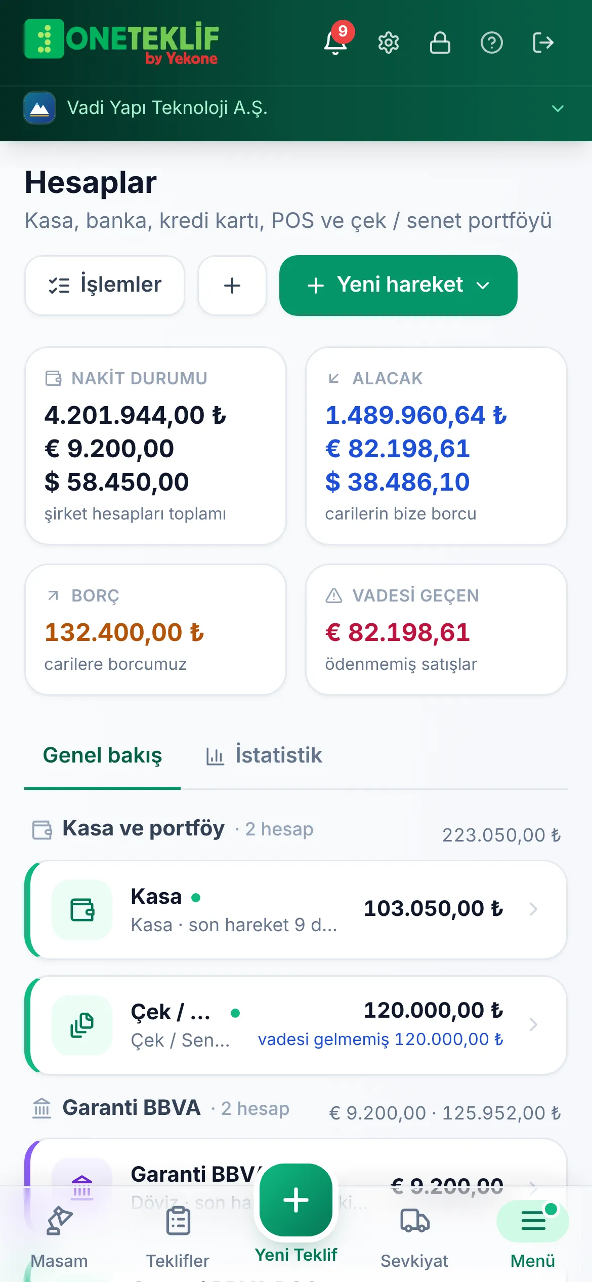 Hesaplar sayfası: nakit durumu, alacak, borç, vadesi geçen; kasa, çek portföyü, banka ve POS hesapları (mobil uygulama)