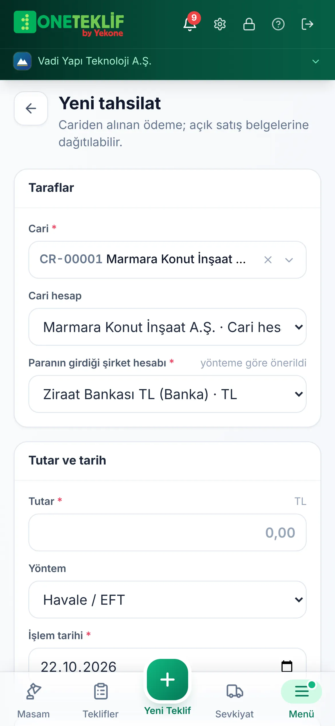 Yeni tahsilat formu: cari Marmara Konut, hesap Ziraat Bankası, satış belgesine dağıtım (mobil uygulama)