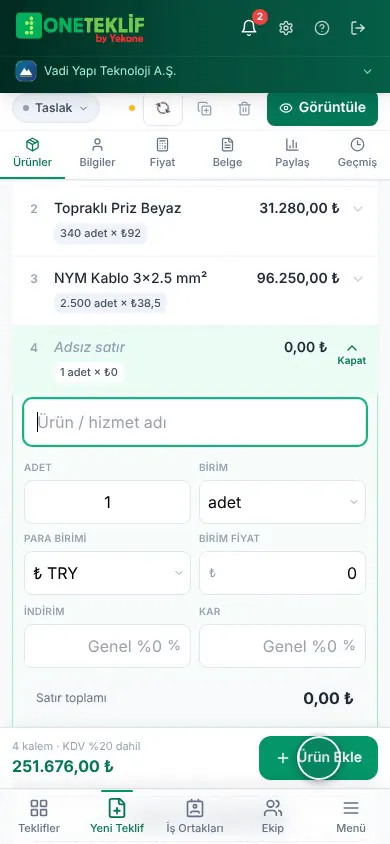 OneTeklif Android uygulamasında yeni teklif hazırlanıyor