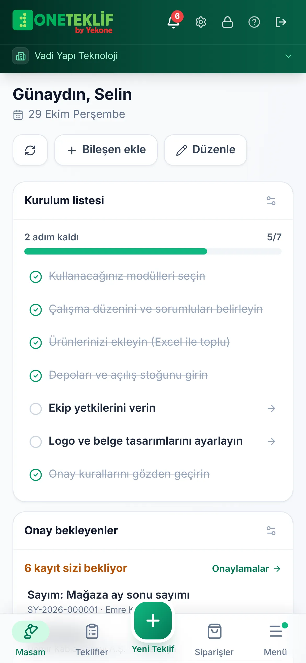 Masam: onay bekleyenler, kurulum listesi, takvim ve finans özeti (mobil uygulama)