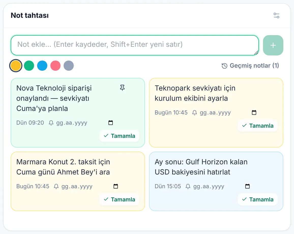 Not tahtası: sabitlenmiş yeşil not, sarı ve mavi notlar, Tamamla düğmeleri