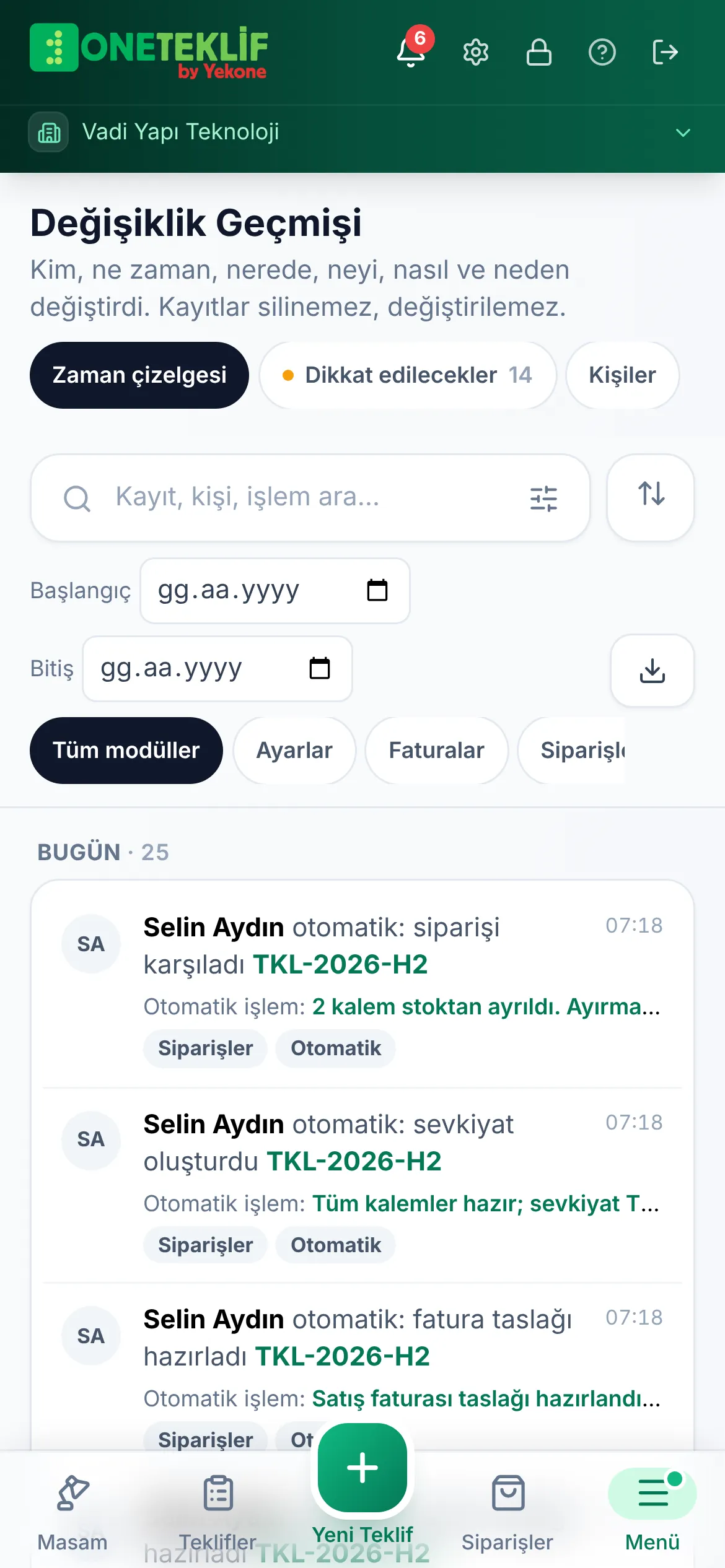 Değişiklik geçmişi zaman çizelgesi (mobil uygulama)