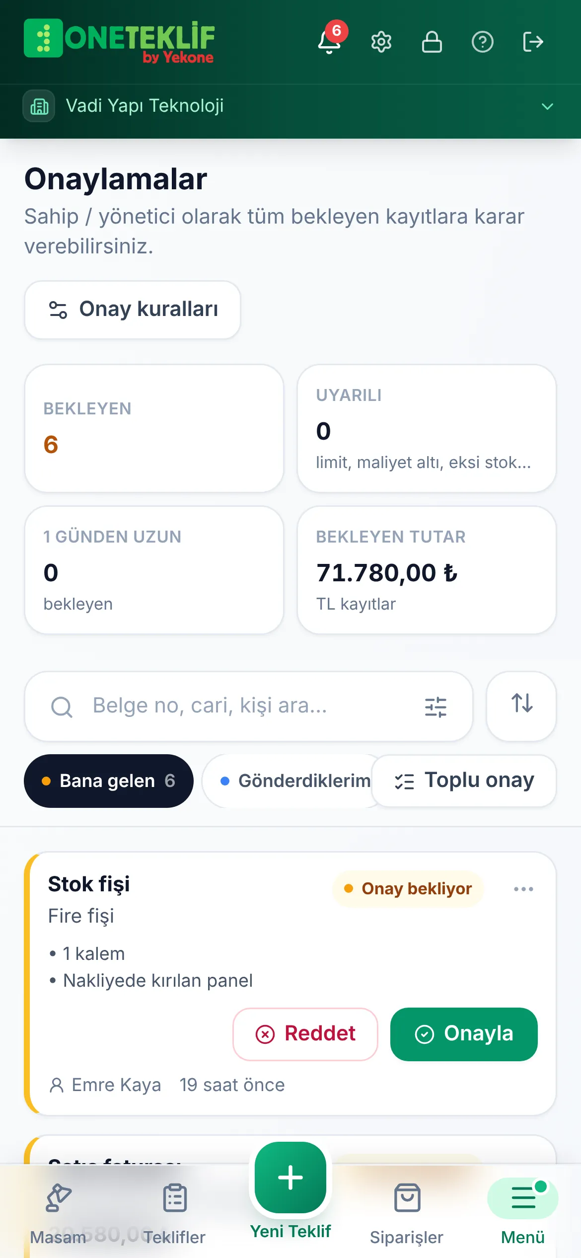 Onaylamalar ekranında bekleyen fatura, fiş ve siparişler inceleniyor; gelen ve gönderilen onaylar arasında geçiliyor (mobil uygulama)
