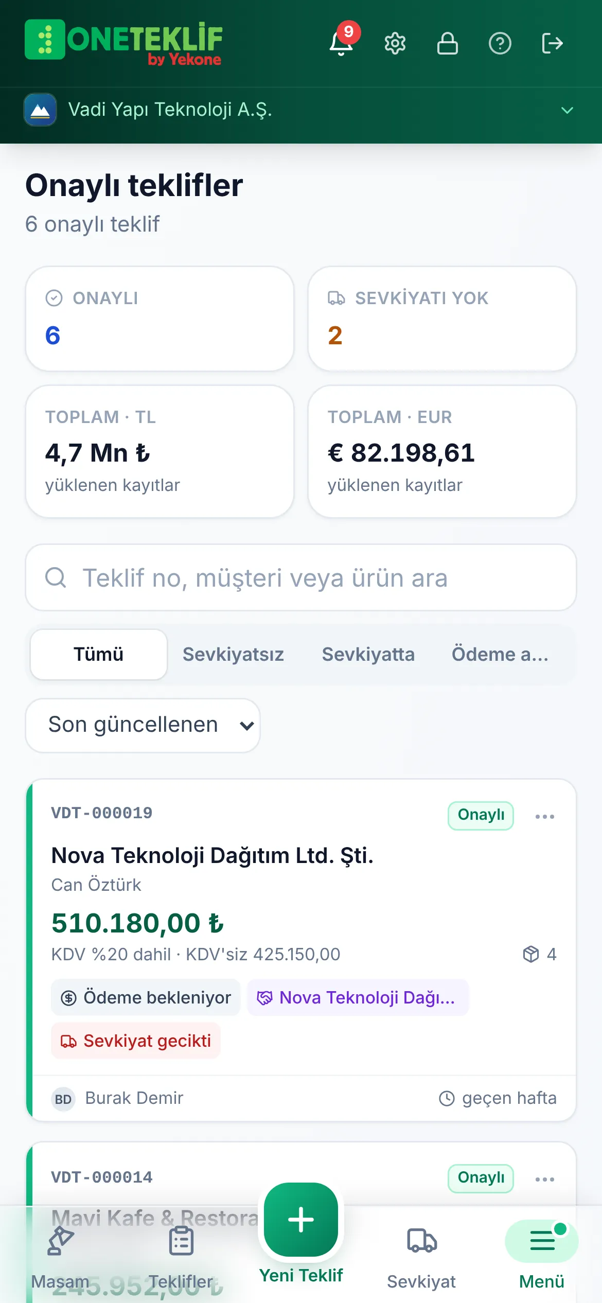 Onaylı teklifler: ödeme bekleniyor, kısmi ödendi, ödendi, vadesi geçti ve sevkiyat rozetleri (mobil uygulama)