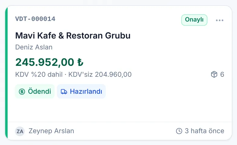 Ödeme ve sevkiyat rozetli teklif kartı