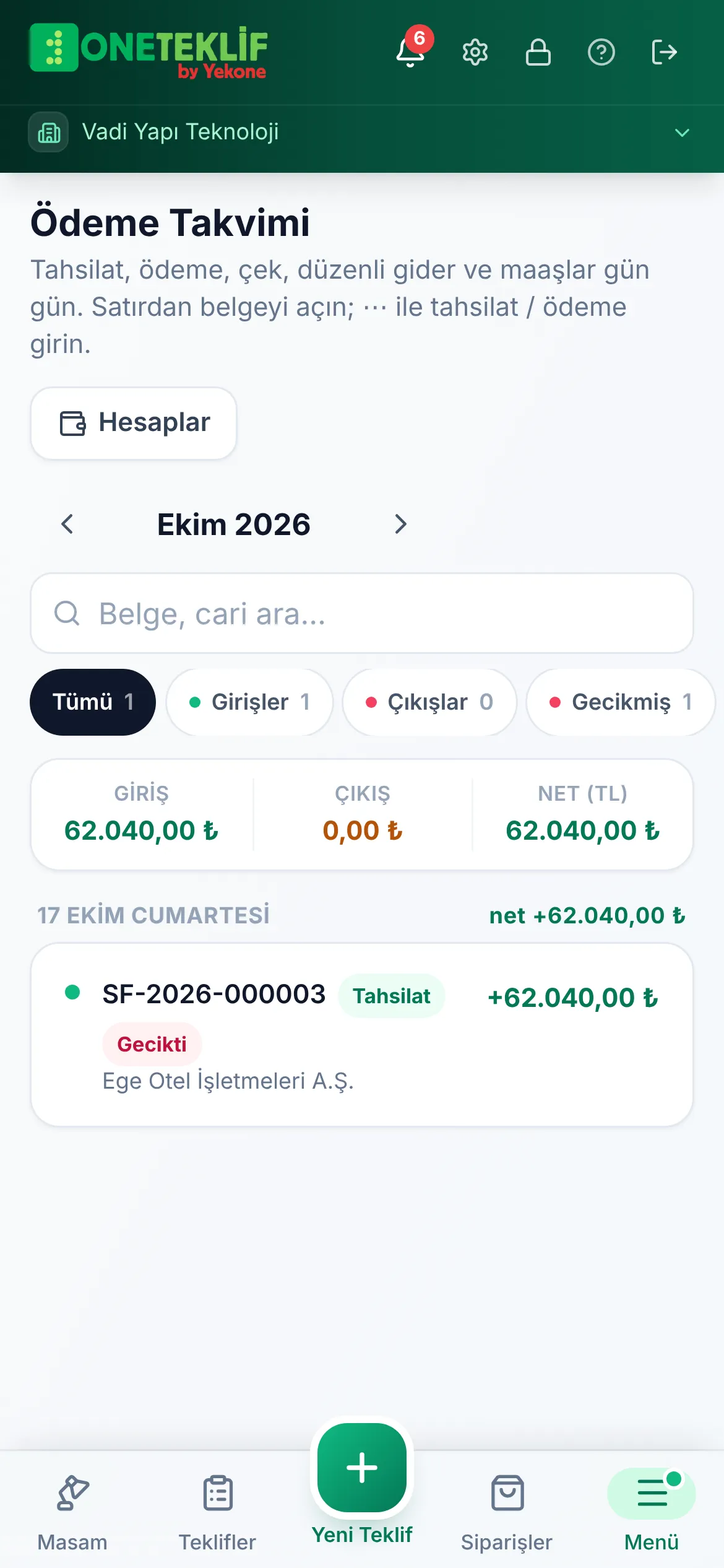 Ödeme takvimi: tahsil edilecek ve ödenecek tutarlar (mobil uygulama)