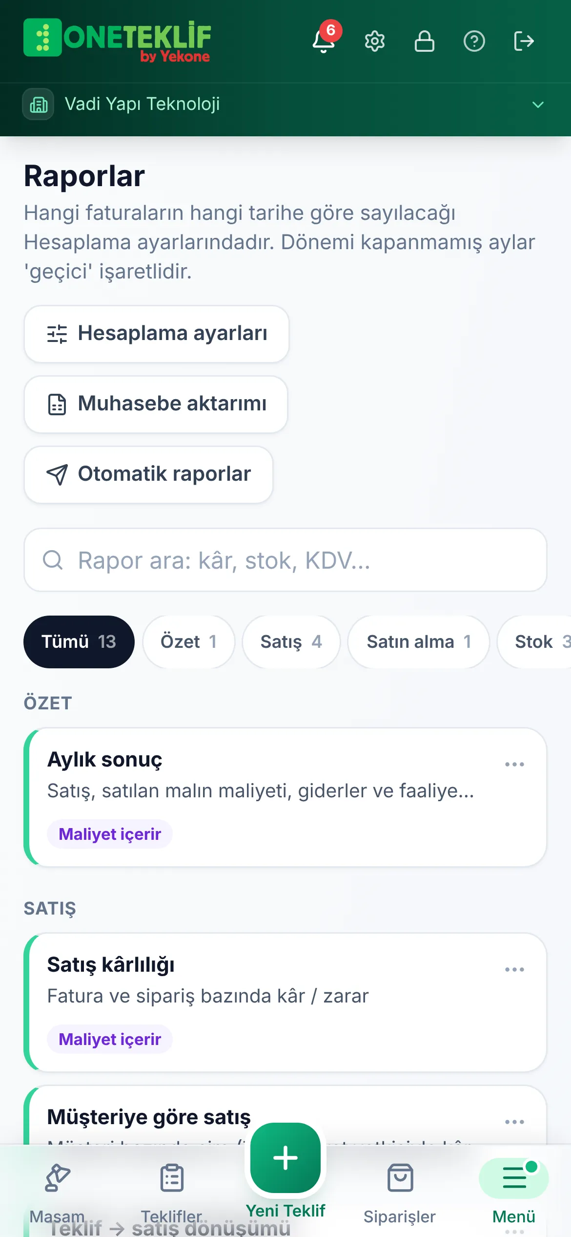 Raporlar listesi: aylık sonuç, satış kârlılığı, müşteriye göre satış, stok değeri (mobil uygulama)