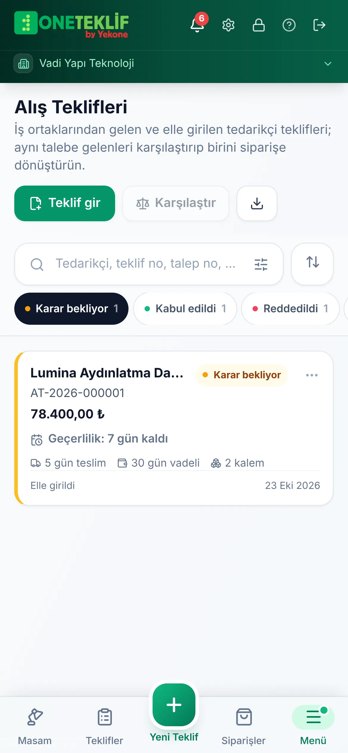Alış teklifleri listesi (mobil uygulama)