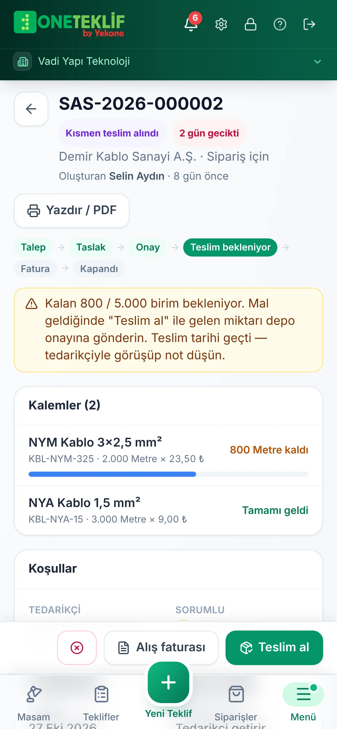 Satın alma siparişi ayrıntısı: kalemler, gelen ve kalan miktarlar (mobil uygulama)