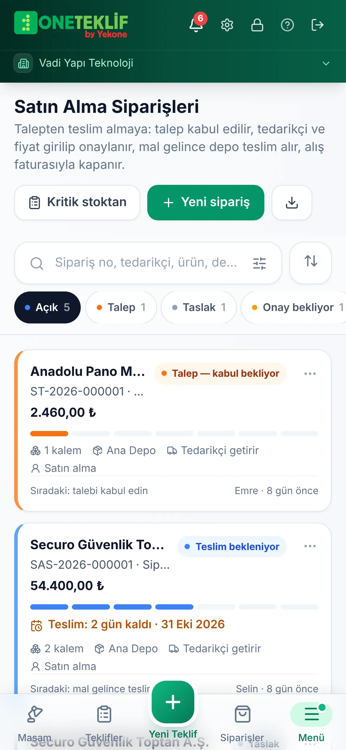 Satın alma siparişleri: tedarikçi, tutar, teslim tarihi ve durum kartları (mobil uygulama)