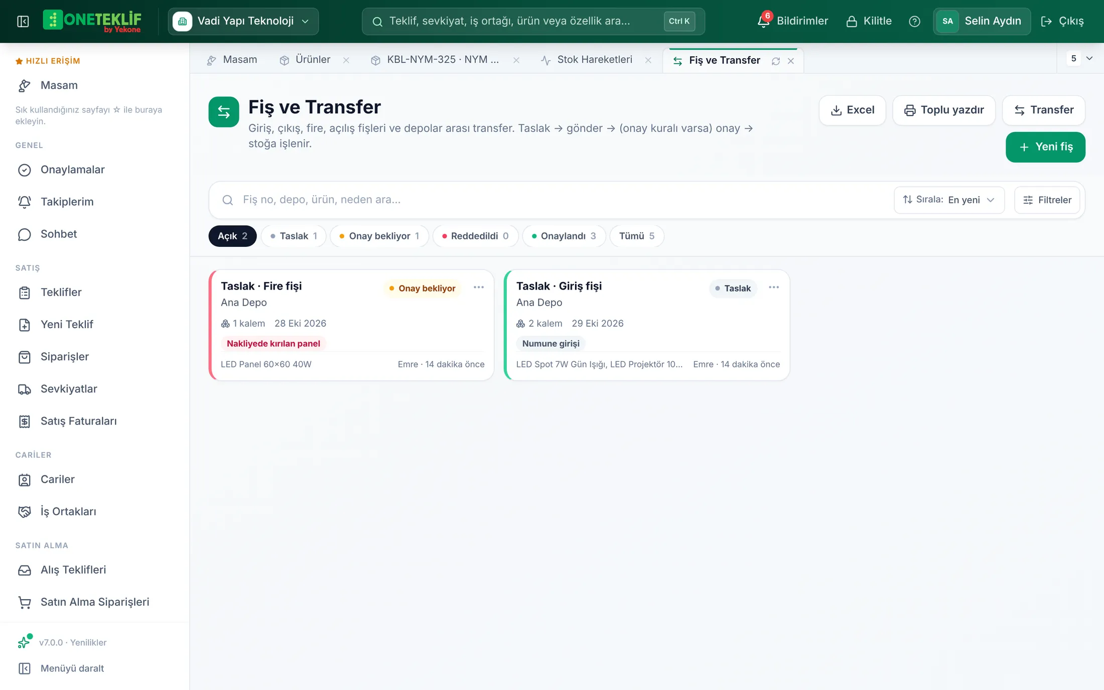 Fiş ve transfer listesi