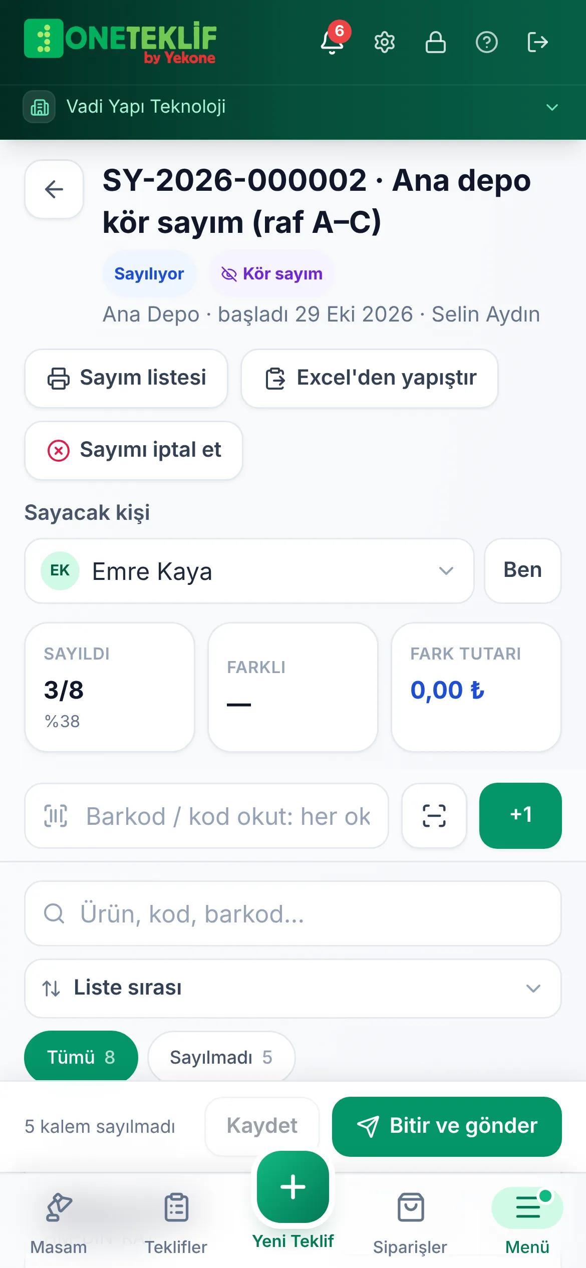 Ana depo kör sayımı: sayılan ve beklenen miktarlar, fark ve onay (mobil uygulama)