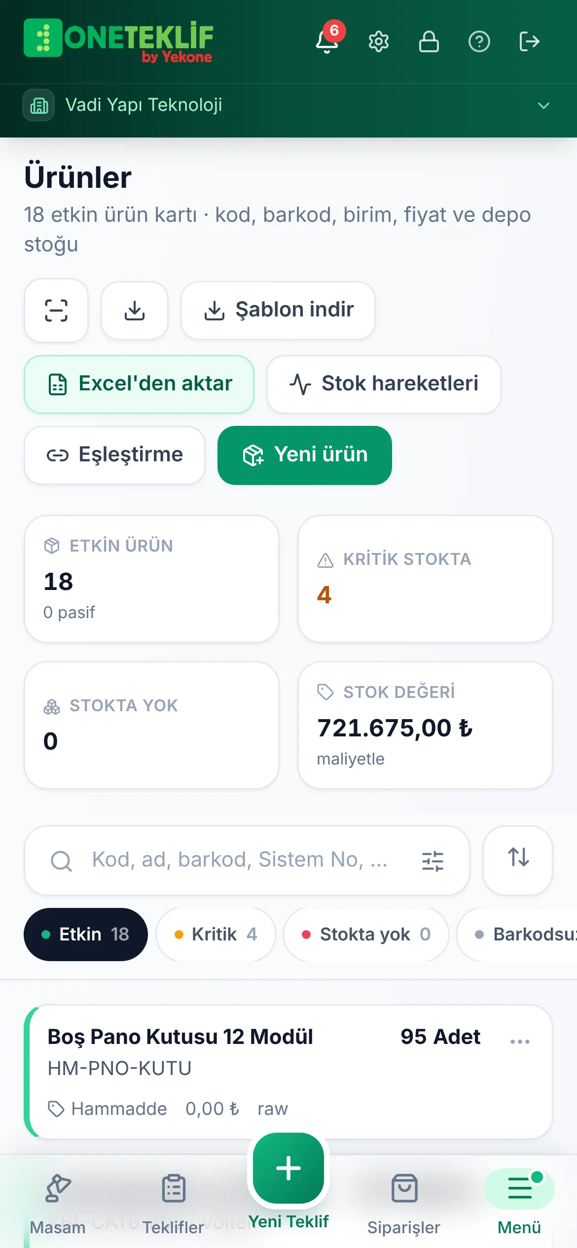 Stok durumu: ürün ve depo bazında eldeki, ayrılan ve kullanılabilir miktarlar (mobil uygulama)