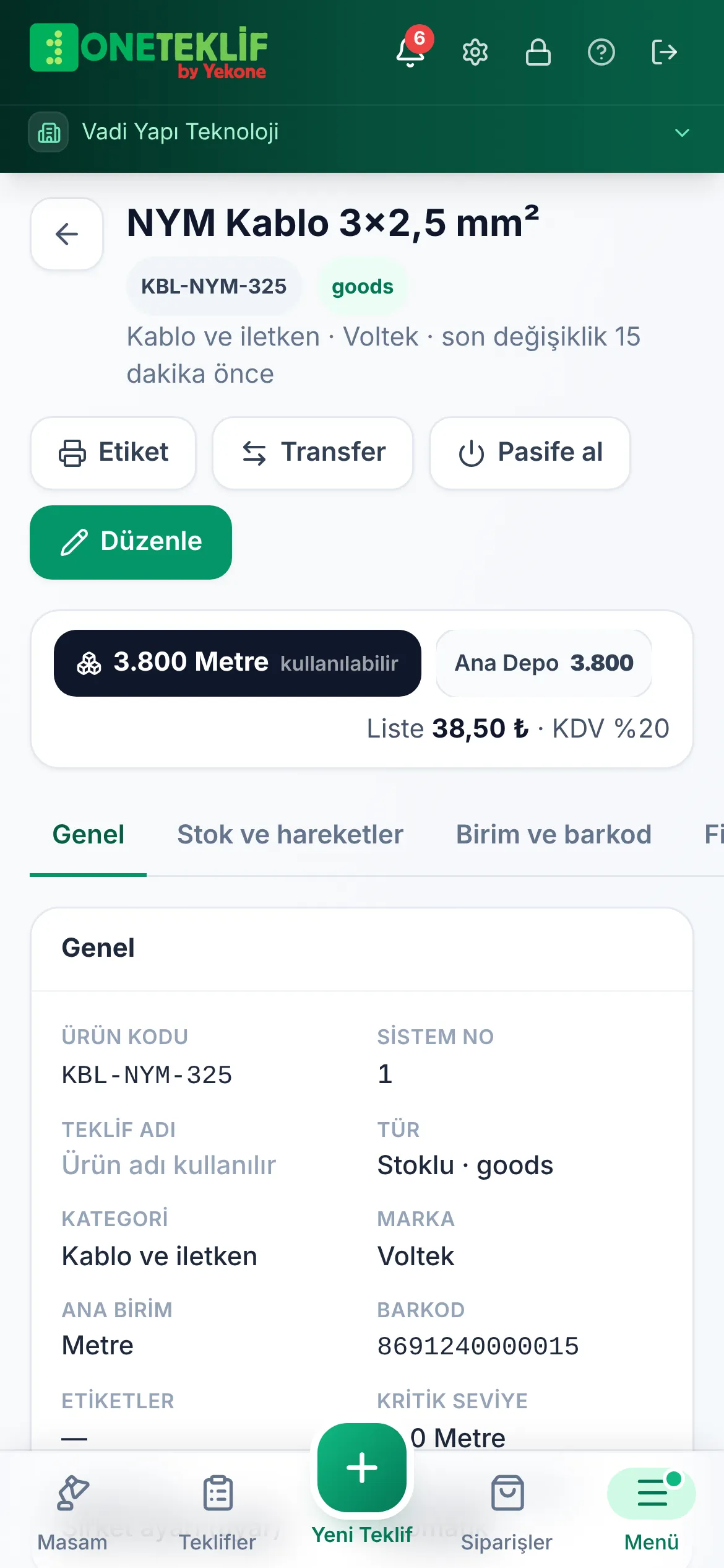 NYM Kablo 3x2,5 mm² ürün kartı: genel, stok ve hareket, birim ve barkod, fiyat sekmeleri (mobil uygulama)