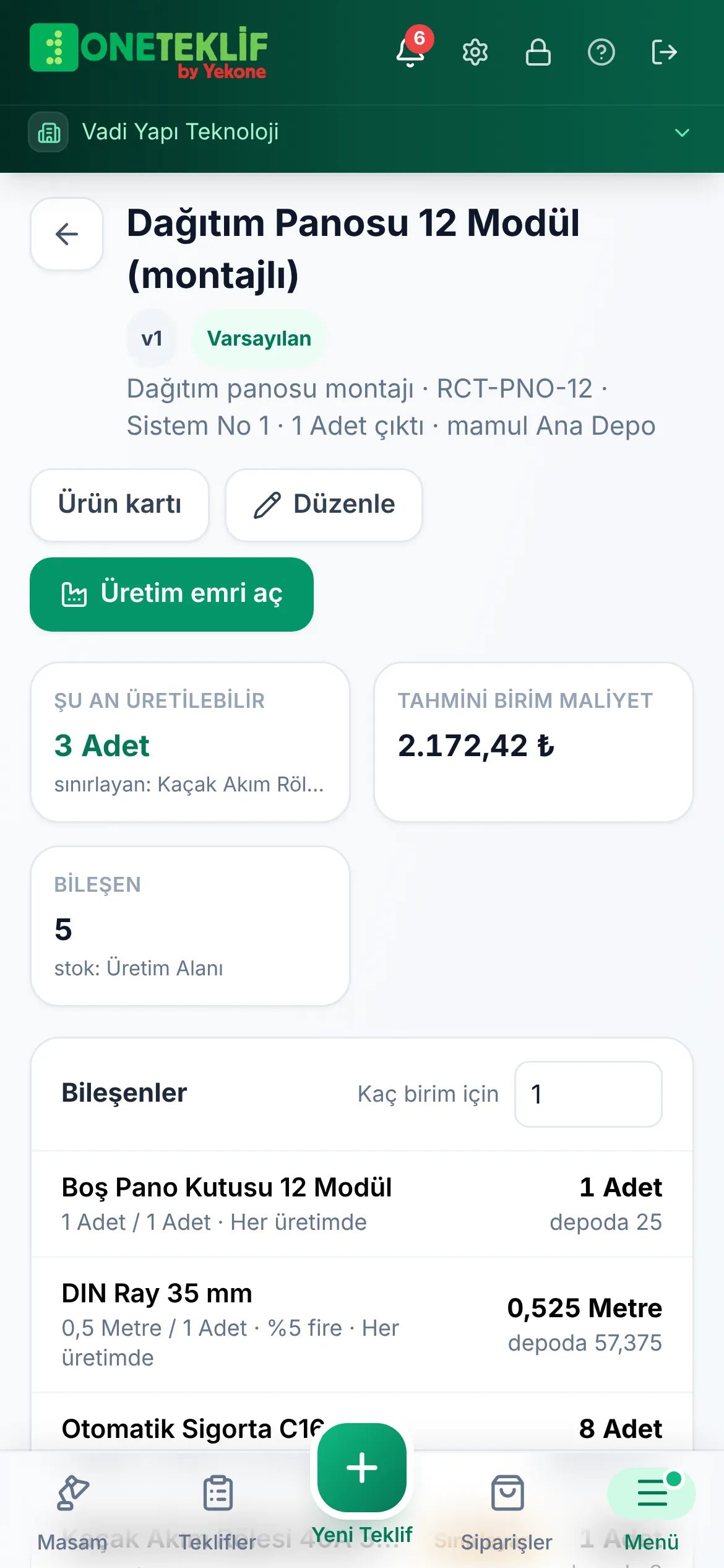 Dağıtım panosu montajı reçetesi: malzemeler, miktarlar ve maliyet (mobil uygulama)