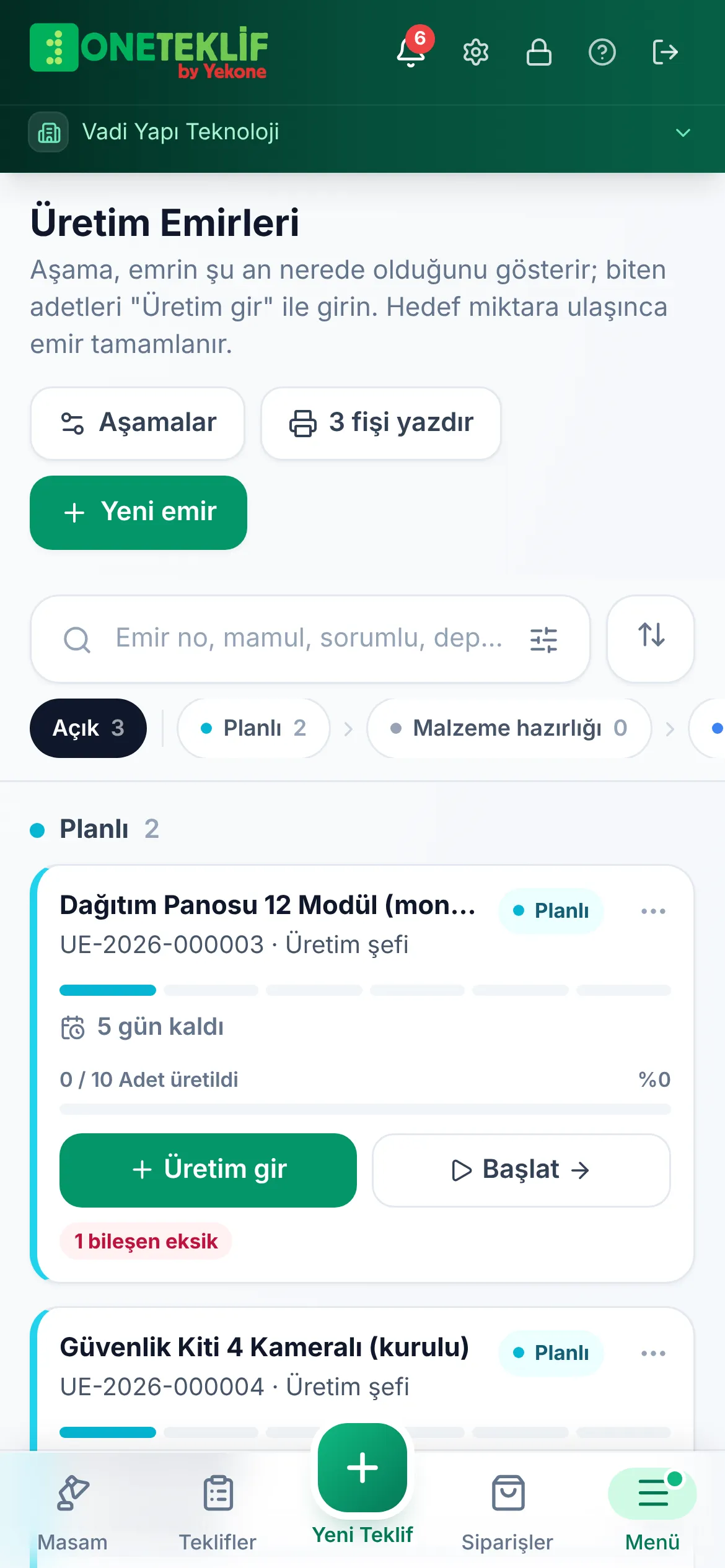 Telefonda üretim emri açılıyor ve üretilen adet girilerek kaydediliyor (mobil uygulama)