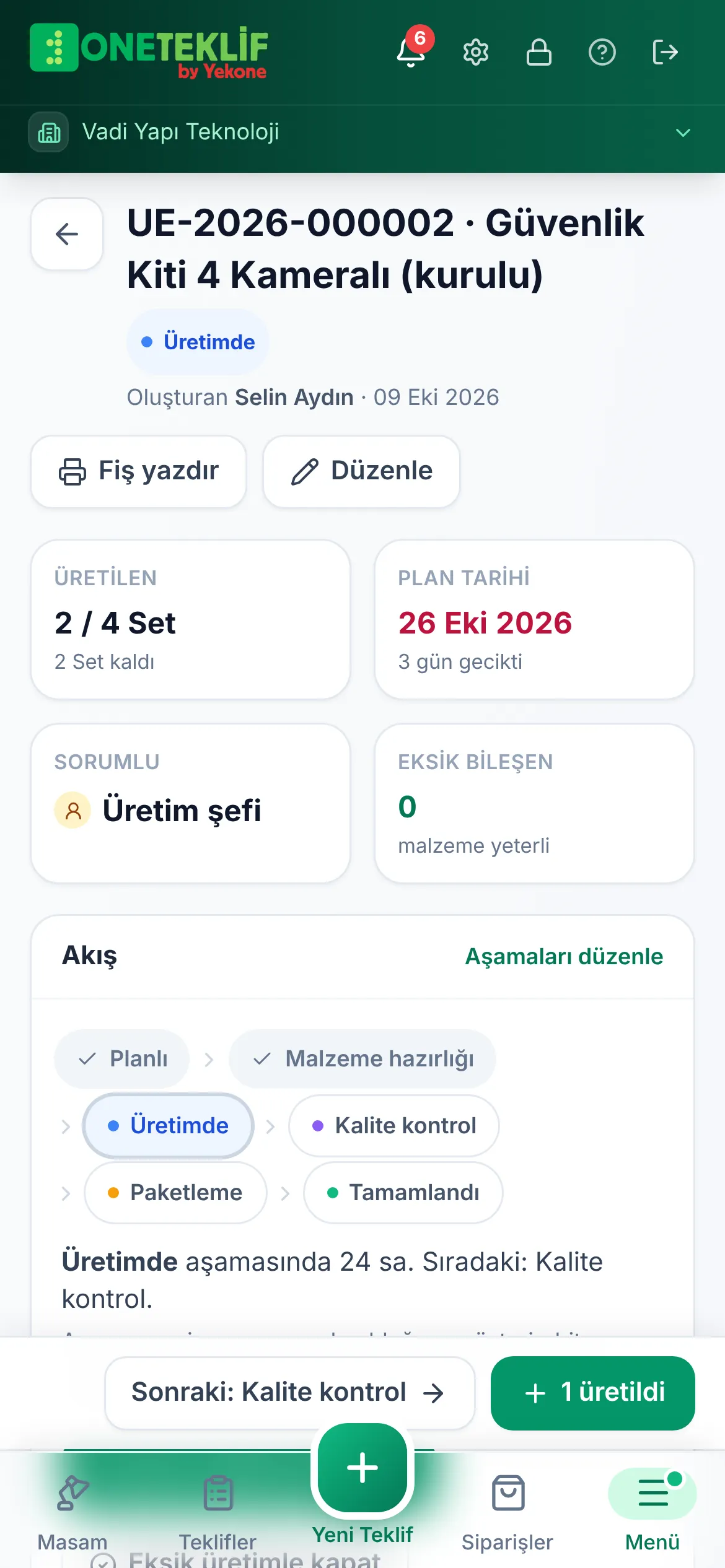 Üretim emri ayrıntısı: hedef, üretilen, aşamalar ve malzemeler (mobil uygulama)