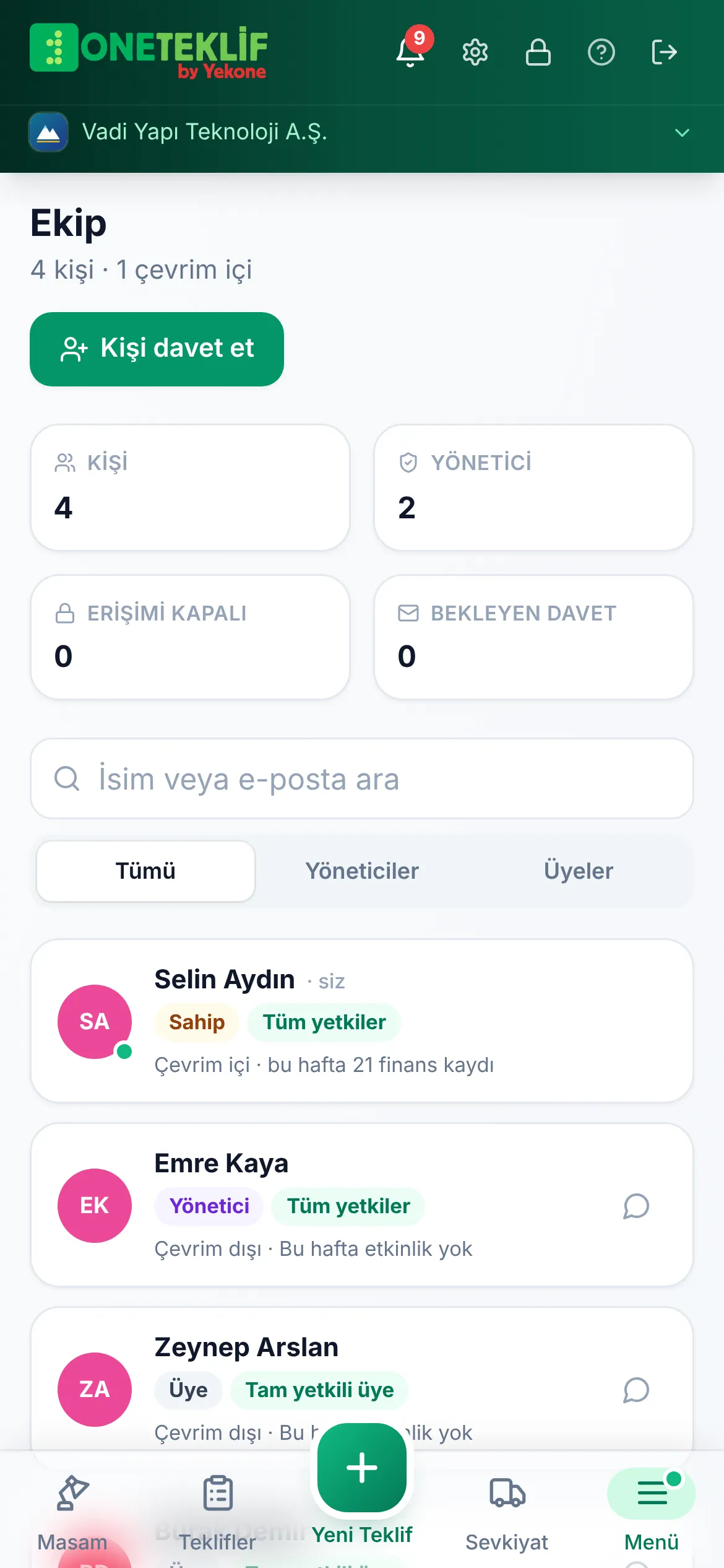 Ekip sayfası: Selin Aydın sahip, Emre Kaya yönetici, Zeynep Arslan ve Burak Demir üye (mobil uygulama)