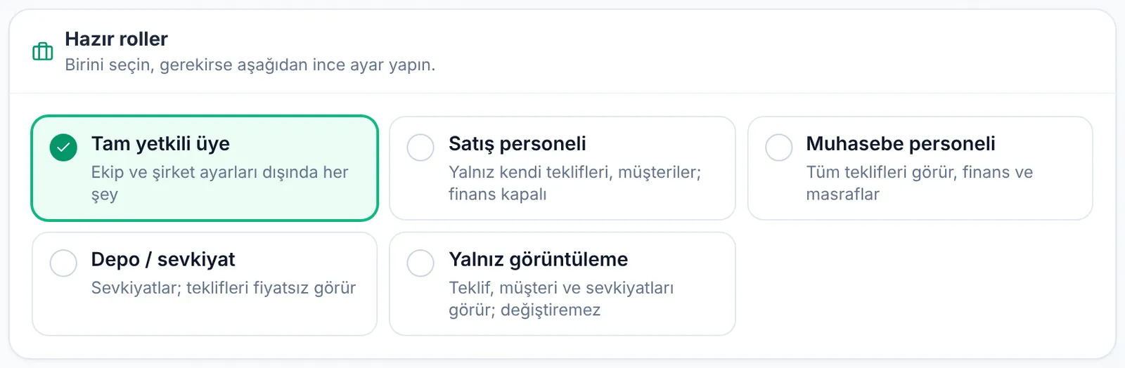 Hazır roller: tam yetkili üye, satış personeli, muhasebe personeli, depo / sevkiyat, yalnız görüntüleme