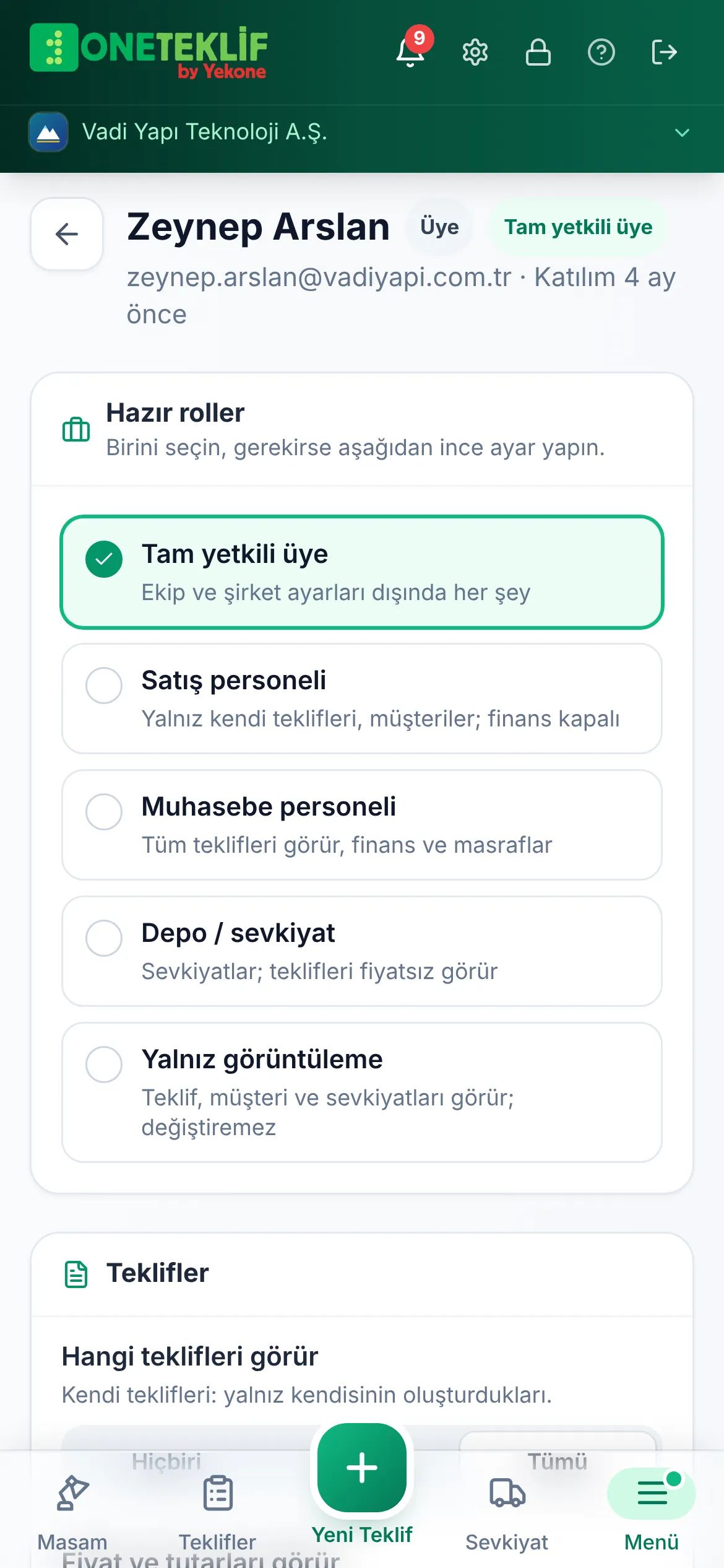 Üye yetkileri: hazır roller, teklif yetkileri ve Ne görür özeti (mobil uygulama)